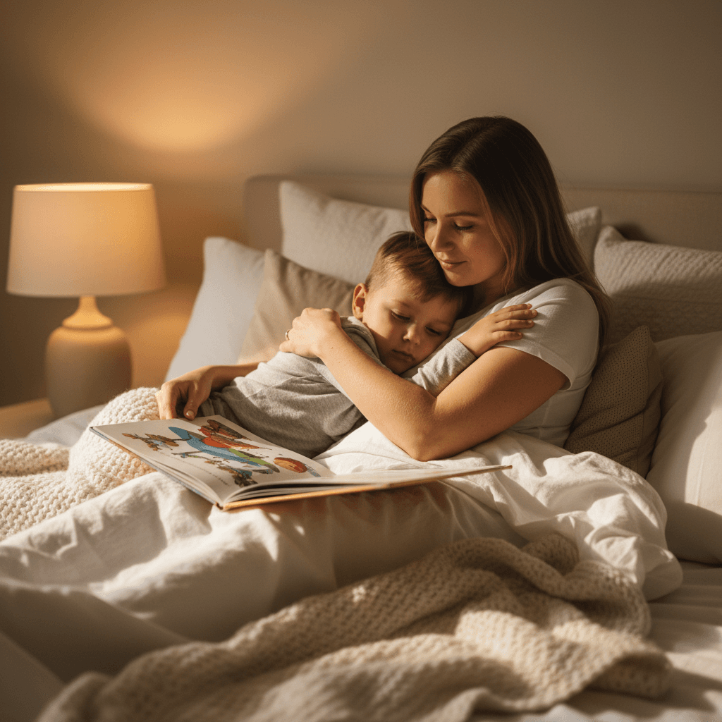 Madre abrazando a su hijo mientras leen un libro en la cama
